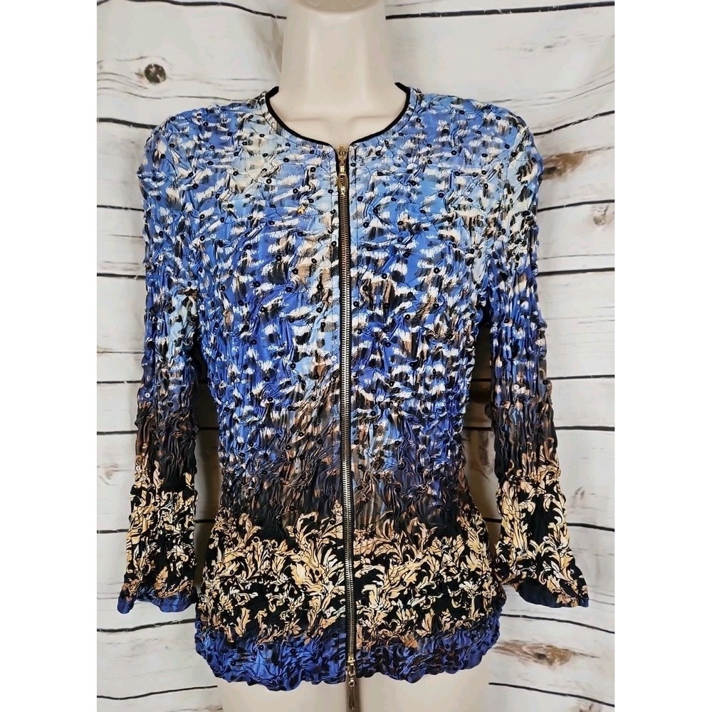 Joseph Ribkoff Y2K Bling Zip Top 10 Pinch Pleated Crinkle 90s Animal Floral